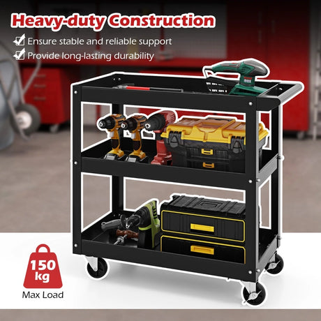 3-Tier Metal Utility Cart Trolley Tool with Flat Handle and 2 Lockable Universal Wheels-Black