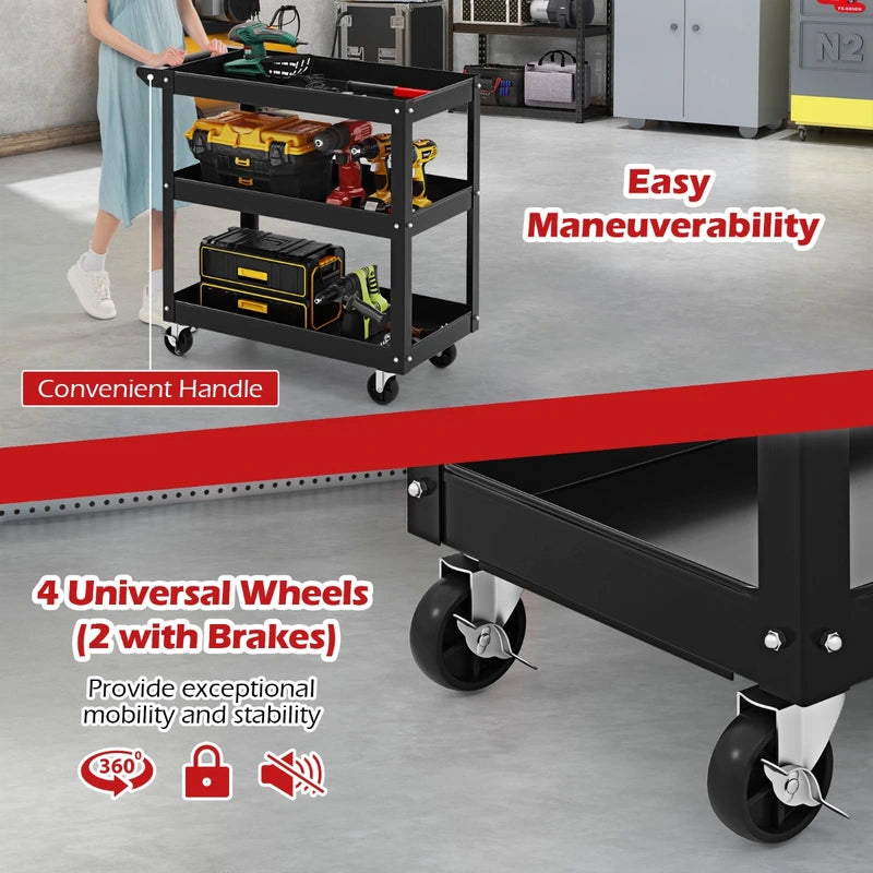 3-Tier Metal Utility Cart Trolley Tool with Flat Handle and 2 Lockable Universal Wheels-Black