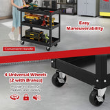 3-Tier Metal Utility Cart Trolley Tool with Flat Handle and 2 Lockable Universal Wheels-Black