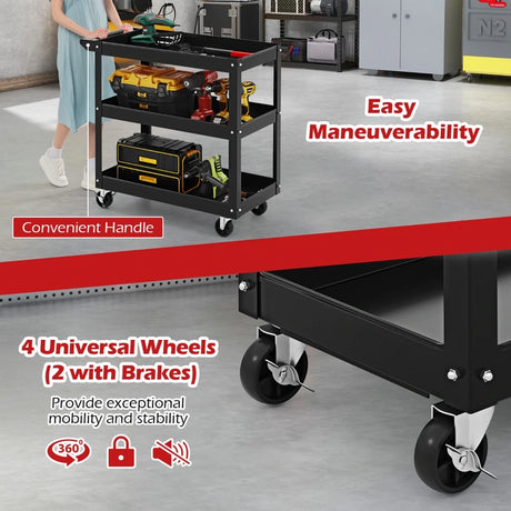 3-Tier Metal Utility Cart Trolley Tool with Flat Handle and 2 Lockable Universal Wheels-Black