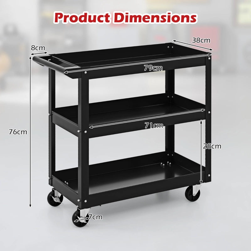 3-Tier Metal Utility Cart Trolley Tool with Flat Handle and 2 Lockable Universal Wheels-Black