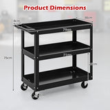 3-Tier Metal Utility Cart Trolley Tool with Flat Handle and 2 Lockable Universal Wheels-Black