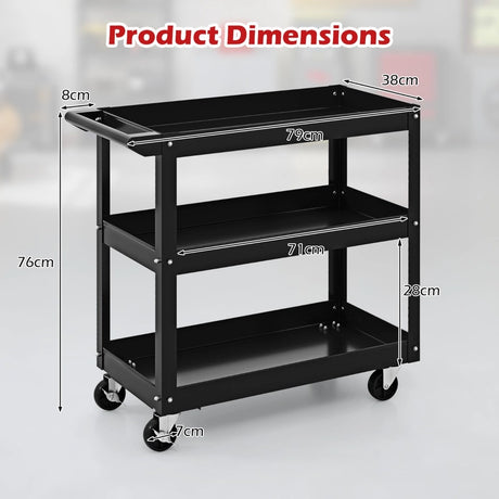 3-Tier Metal Utility Cart Trolley Tool with Flat Handle and 2 Lockable Universal Wheels-Black