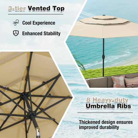 Parasol windproof stable 300 cm garden umbrella with crank on both sides can be folded by 30 Beige