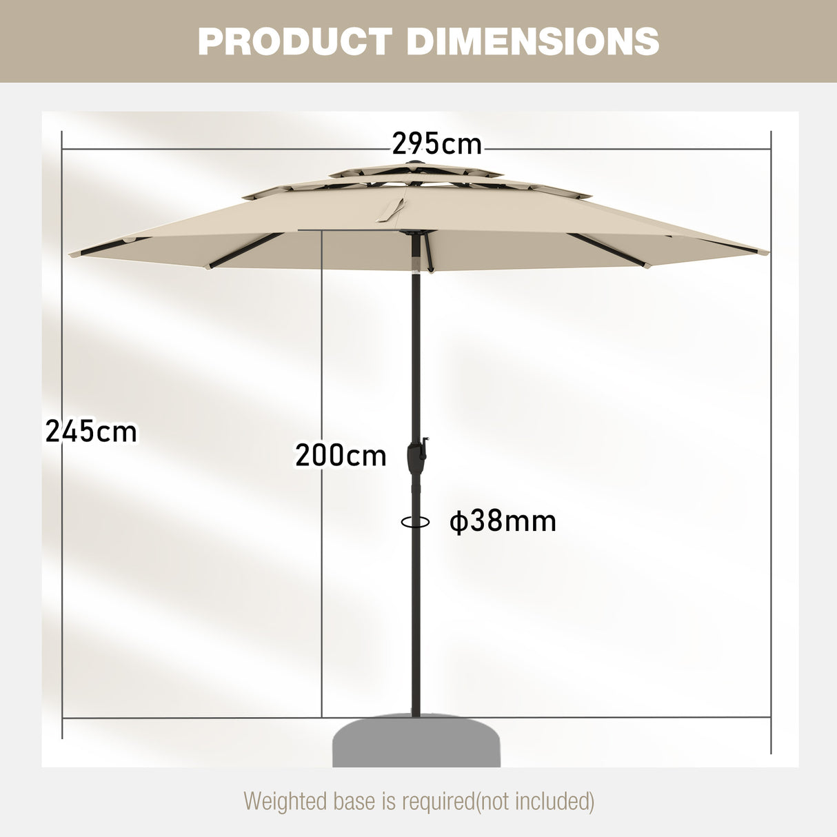 Parasol windproof stable 300 cm garden umbrella with crank on both sides can be folded by 30 Beige