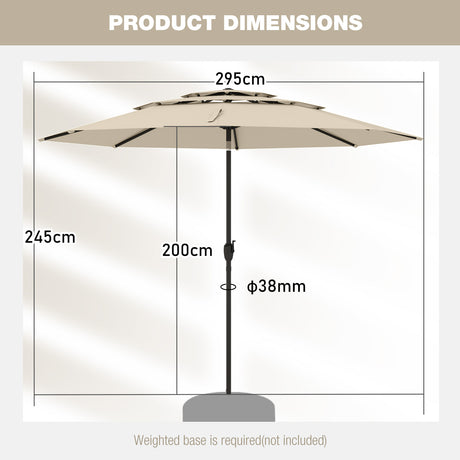 Parasol windproof stable 300 cm garden umbrella with crank on both sides can be folded by 30 Beige