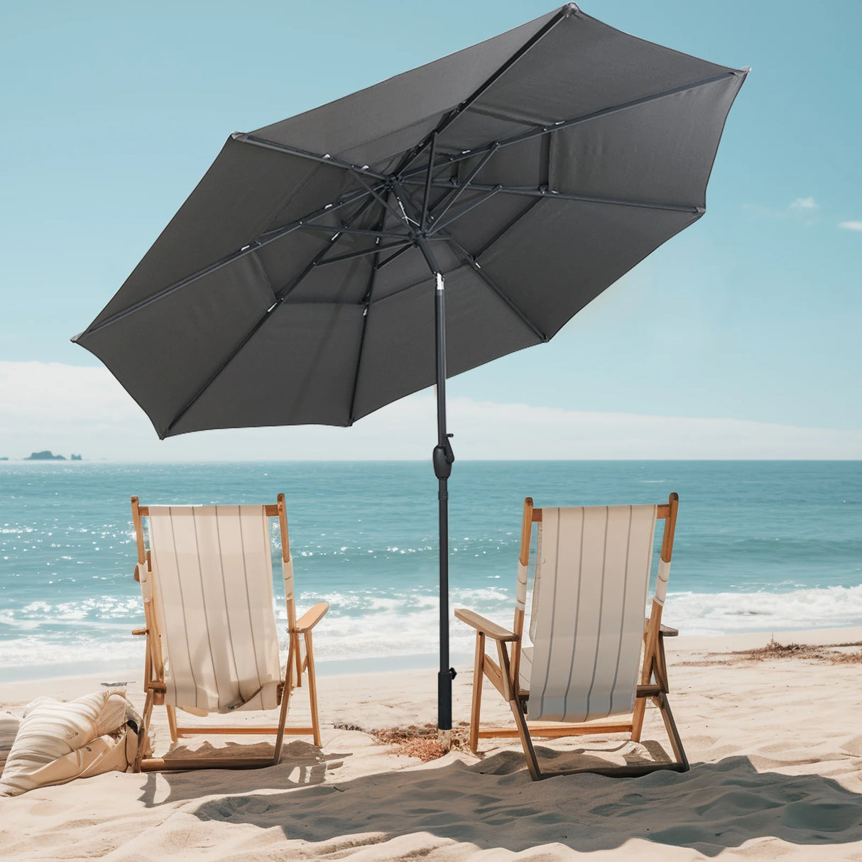 Parasol windproof stable 300 cm garden umbrella with crank, can be folded by 30 on both sides, grey