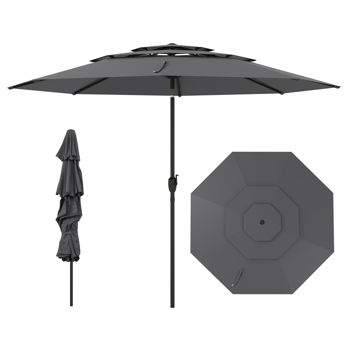Parasol windproof stable 300 cm garden umbrella with crank, can be folded by 30 on both sides, grey