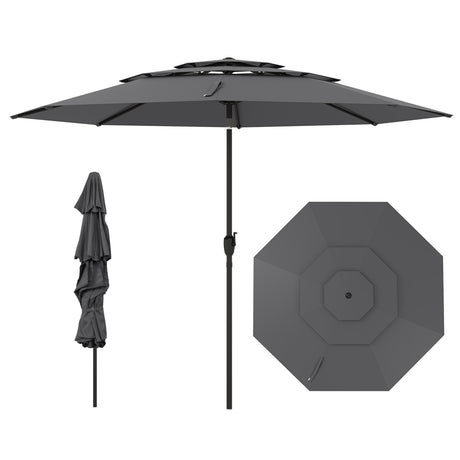 Parasol windproof stable 300 cm garden umbrella with crank, can be folded by 30 on both sides, grey