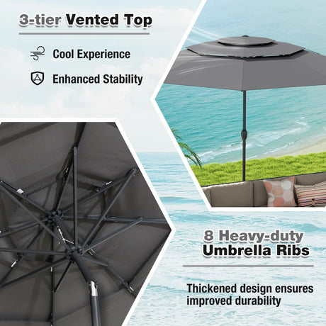 Parasol windproof stable 300 cm garden umbrella with crank, can be folded by 30 on both sides, grey