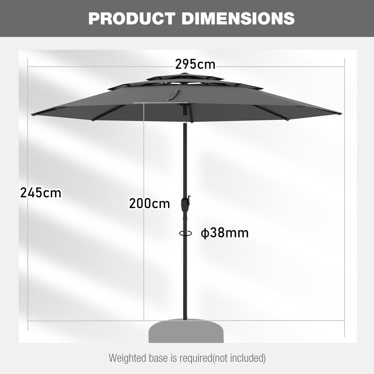 Parasol windproof stable 300 cm garden umbrella with crank, can be folded by 30 on both sides, grey