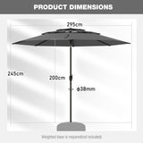 Parasol windproof stable 300 cm garden umbrella with crank, can be folded by 30 on both sides, grey