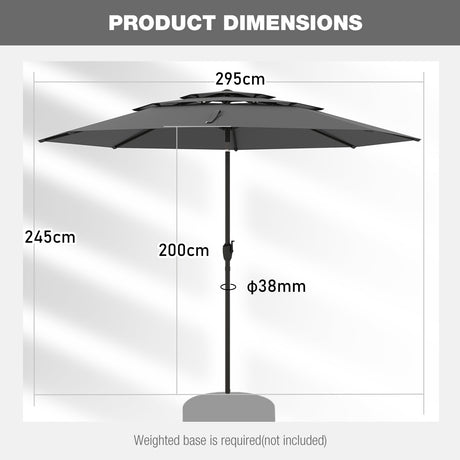 Parasol windproof stable 300 cm garden umbrella with crank, can be folded by 30 on both sides, grey