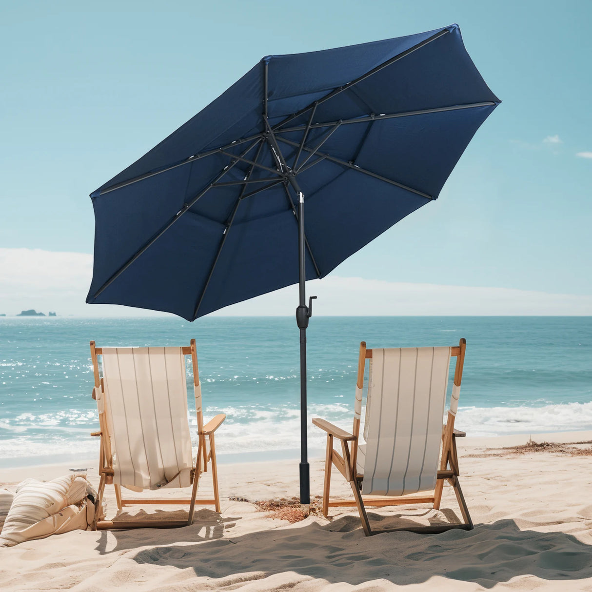 Parasol windproof stable 300 cm garden umbrella with crank, can be folded 30 on both sides, navy blue