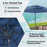 Parasol windproof stable 300 cm garden umbrella with crank, can be folded 30 on both sides, navy blue