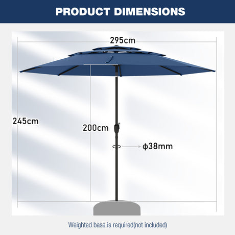 Parasol windproof stable 300 cm garden umbrella with crank, can be folded 30 on both sides, navy blue