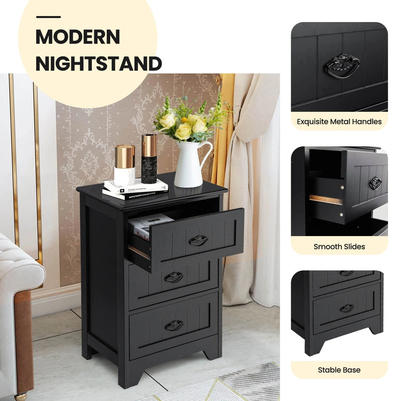 3-Drawer Vintage Bedside Table with Metal Handles &amp; Anti-toppling Device-Black