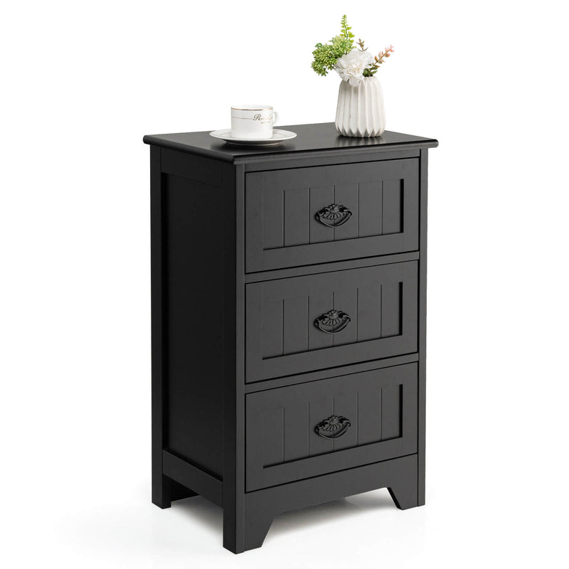 3-Drawer Vintage Bedside Table with Metal Handles &amp; Anti-toppling Device-Black