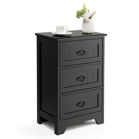 3-Drawer Vintage Bedside Table with Metal Handles &amp; Anti-toppling Device-Black