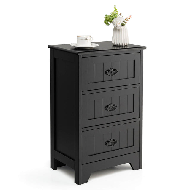 3-Drawer Vintage Bedside Table with Metal Handles &amp; Anti-toppling Device-Black