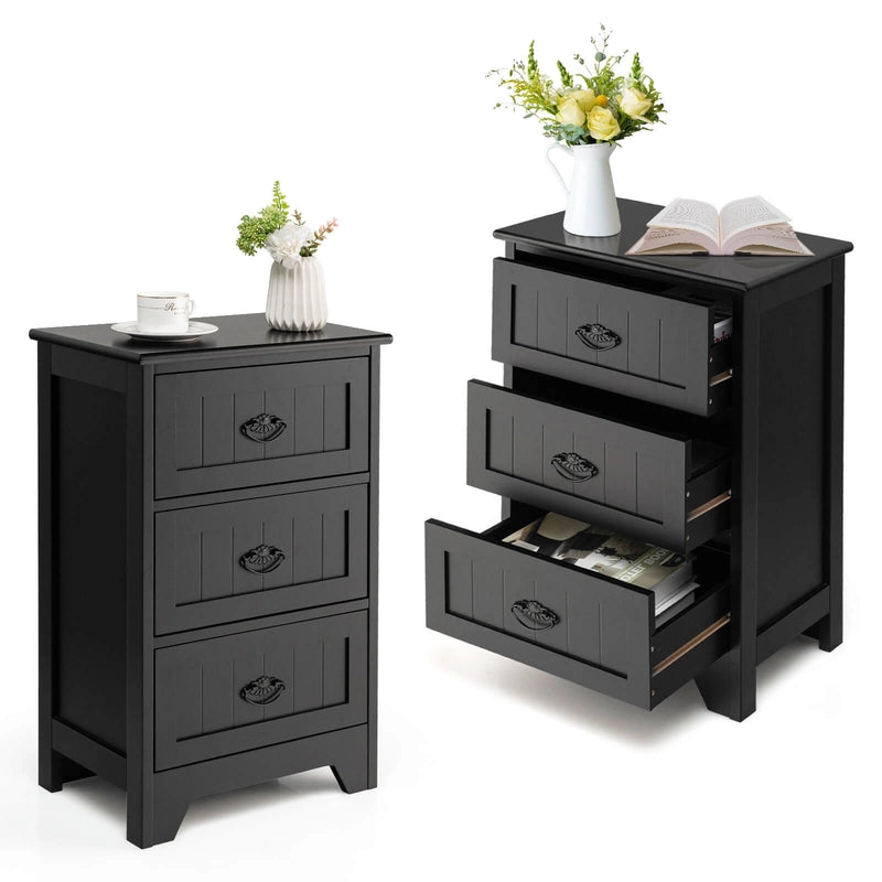 3-Drawer Vintage Bedside Table with Metal Handles &amp; Anti-toppling Device-Black