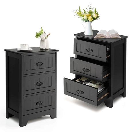3-Drawer Vintage Bedside Table with Metal Handles &amp; Anti-toppling Device-Black
