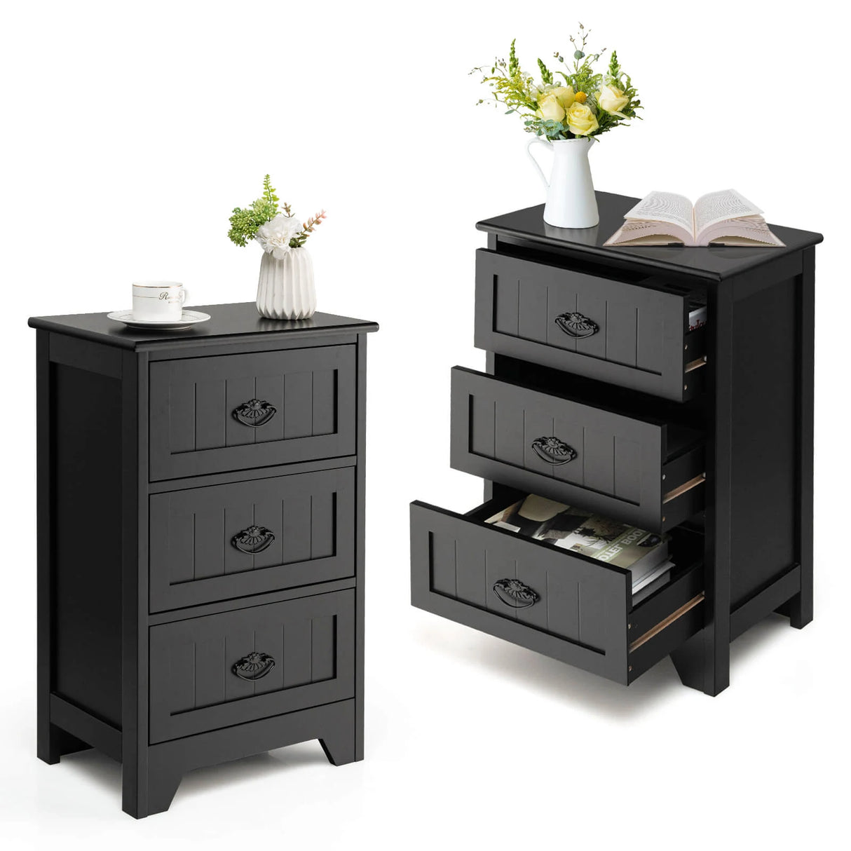3-Drawer Vintage Bedside Table with Metal Handles &amp; Anti-toppling Device-Black