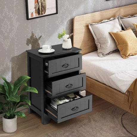 3-Drawer Vintage Bedside Table with Metal Handles &amp; Anti-toppling Device-Black