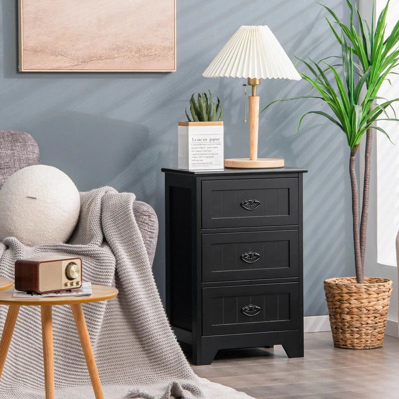 3-Drawer Vintage Bedside Table with Metal Handles &amp; Anti-toppling Device-Black