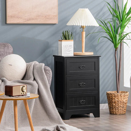 3-Drawer Vintage Bedside Table with Metal Handles &amp; Anti-toppling Device-Black