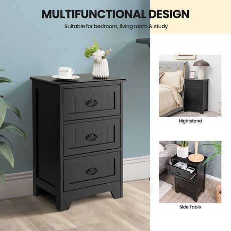 3-Drawer Vintage Bedside Table with Metal Handles &amp; Anti-toppling Device-Black