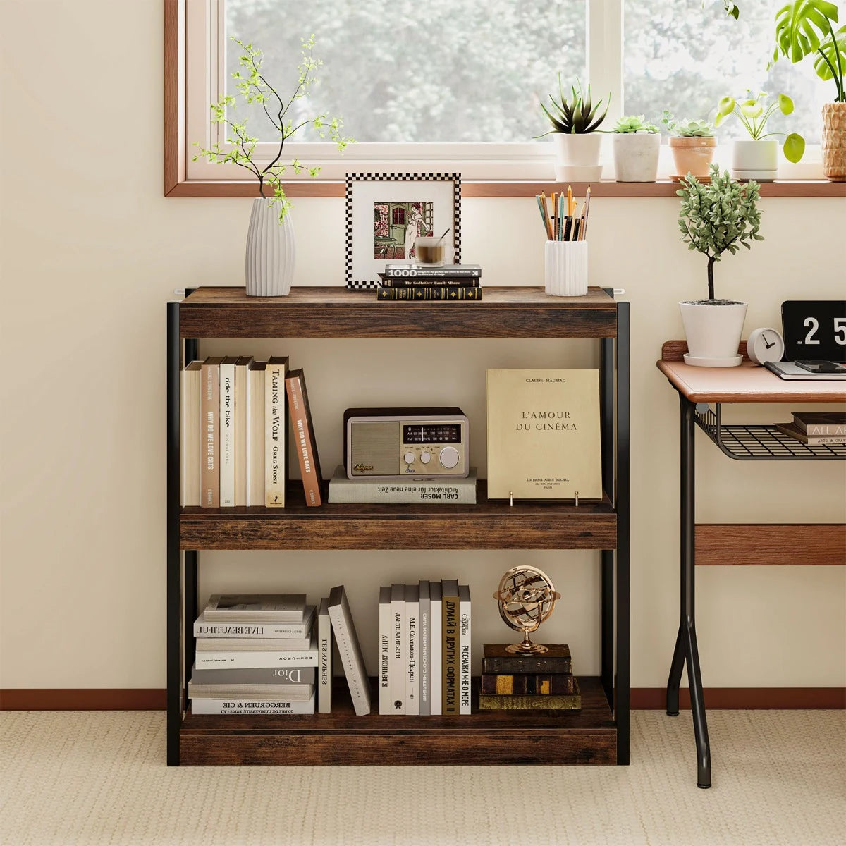 Industrial Bookcase with Open Shelves &amp; Robust Metal Frame Vintage Corner Shelf