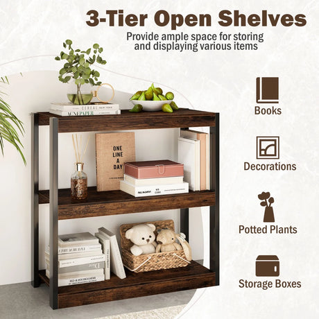 Industrial Bookcase with Open Shelves &amp; Robust Metal Frame Vintage Corner Shelf