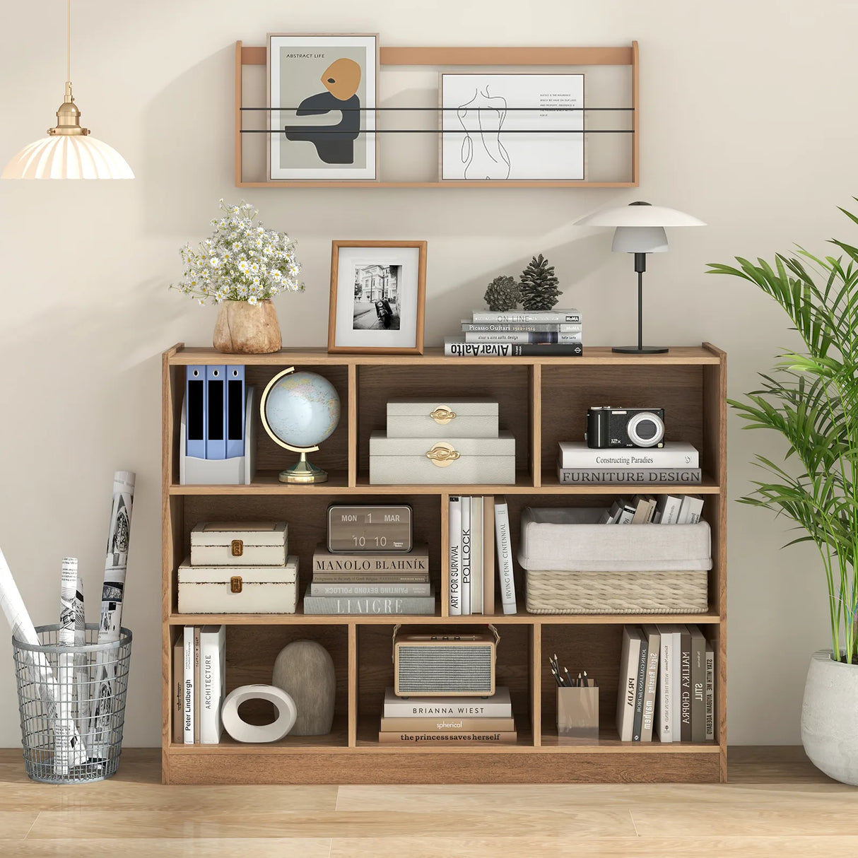 3-Tier Open Bookshelf Storage Cabinet with 8 Cubies-Natural