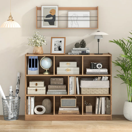 3-Tier Open Bookshelf Storage Cabinet with 8 Cubies-Natural