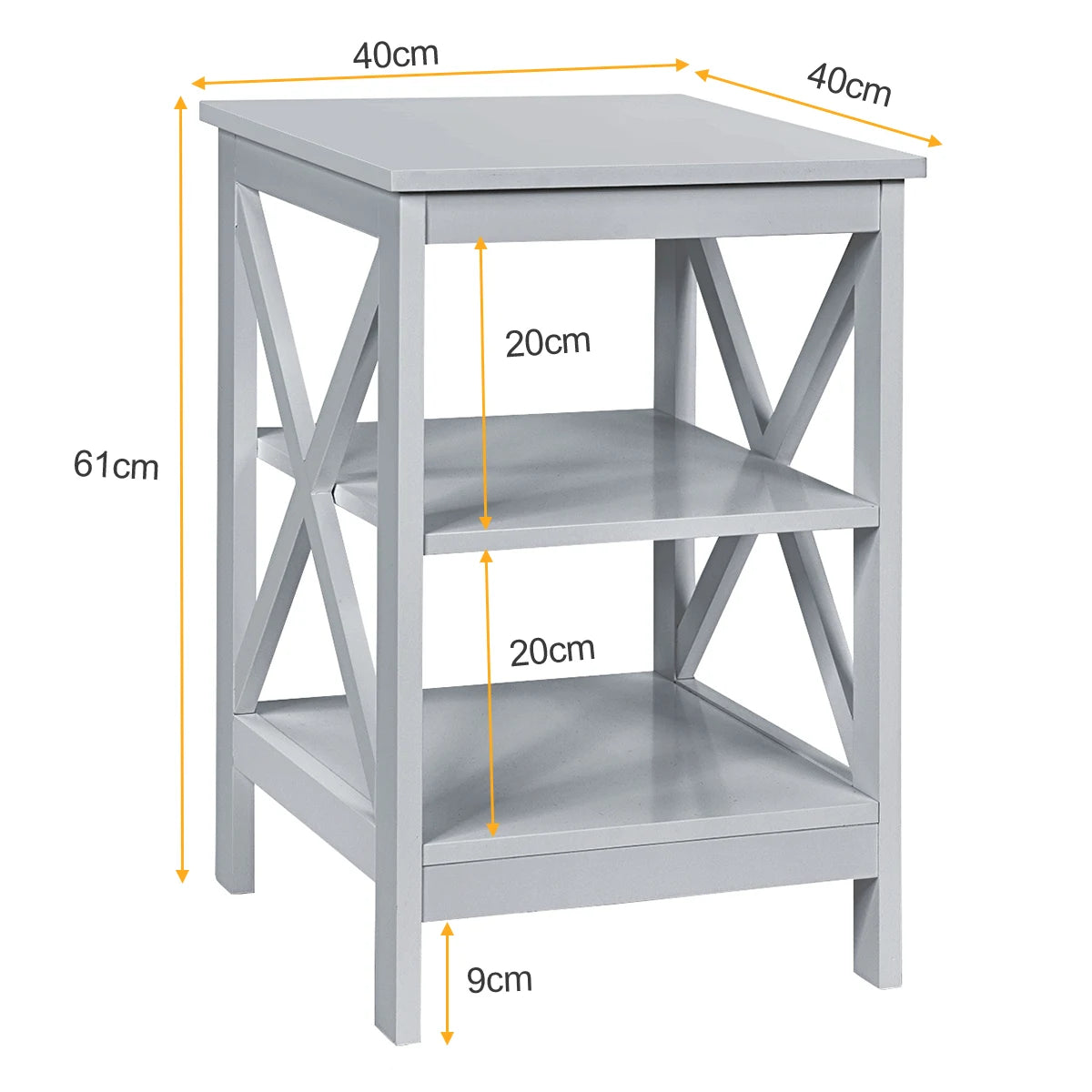 3-Tier Nightstand End Table with X Design Storage -Gray