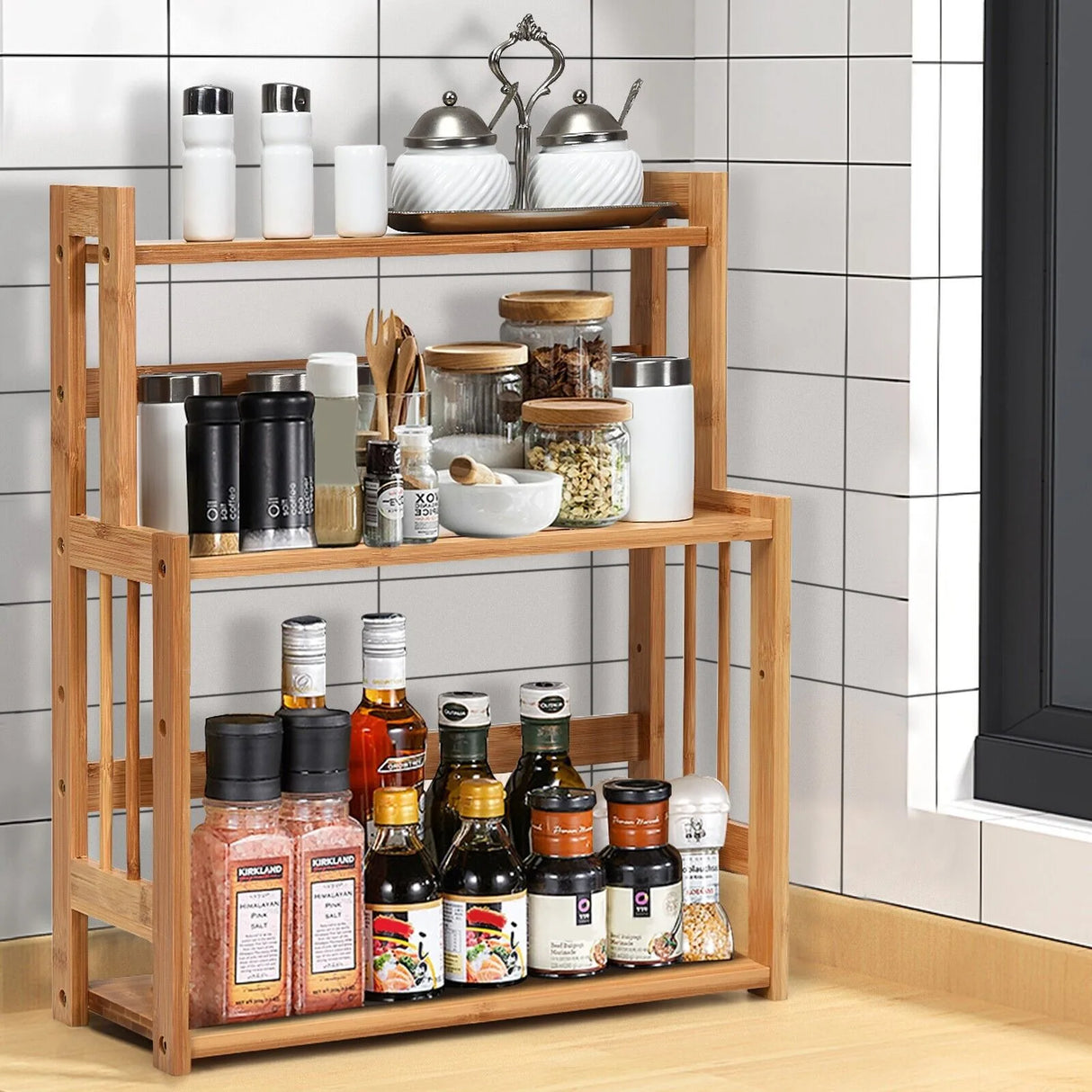3 Tier Bamboo Spice Rack Storage Shelves for Kitchen Counter Storage