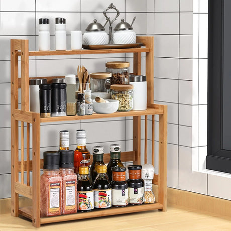 3 Tier Bamboo Spice Rack Storage Shelves for Kitchen Counter Storage