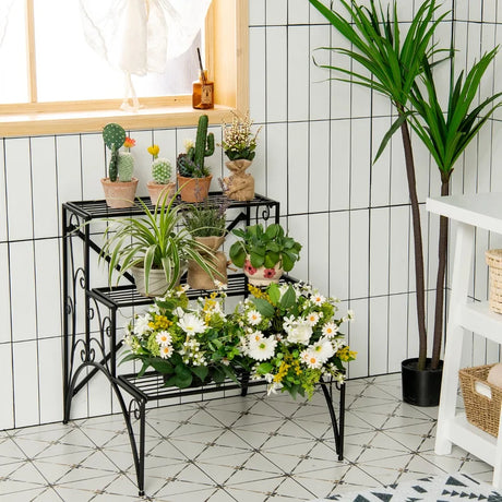 3 Tier Stair Style Metal Plant Stand Garden Shelf Flower Pot Display Rack-Black