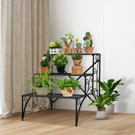 3 Tier Stair Style Metal Plant Stand Garden Shelf Flower Pot Display Rack-Black