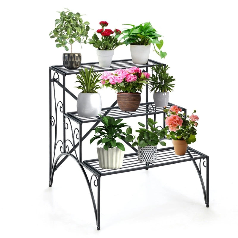 3 Tier Stair Style Metal Plant Stand Garden Shelf Flower Pot Display Rack-Black