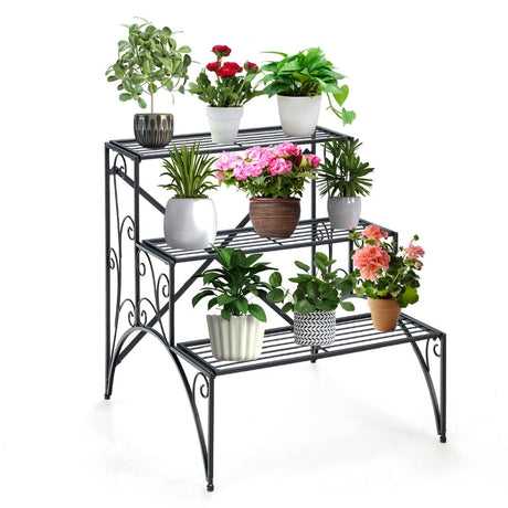 3 Tier Stair Style Metal Plant Stand Garden Shelf Flower Pot Display Rack-Black