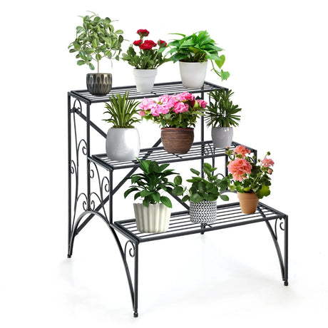 3 Tier Stair Style Metal Plant Stand Garden Shelf Flower Pot Display Rack-Black
