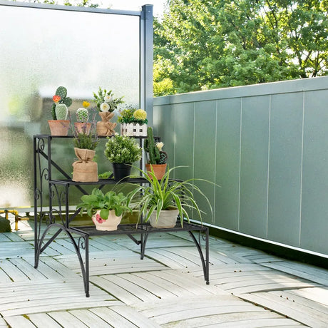 3 Tier Stair Style Metal Plant Stand Garden Shelf Flower Pot Display Rack-Black