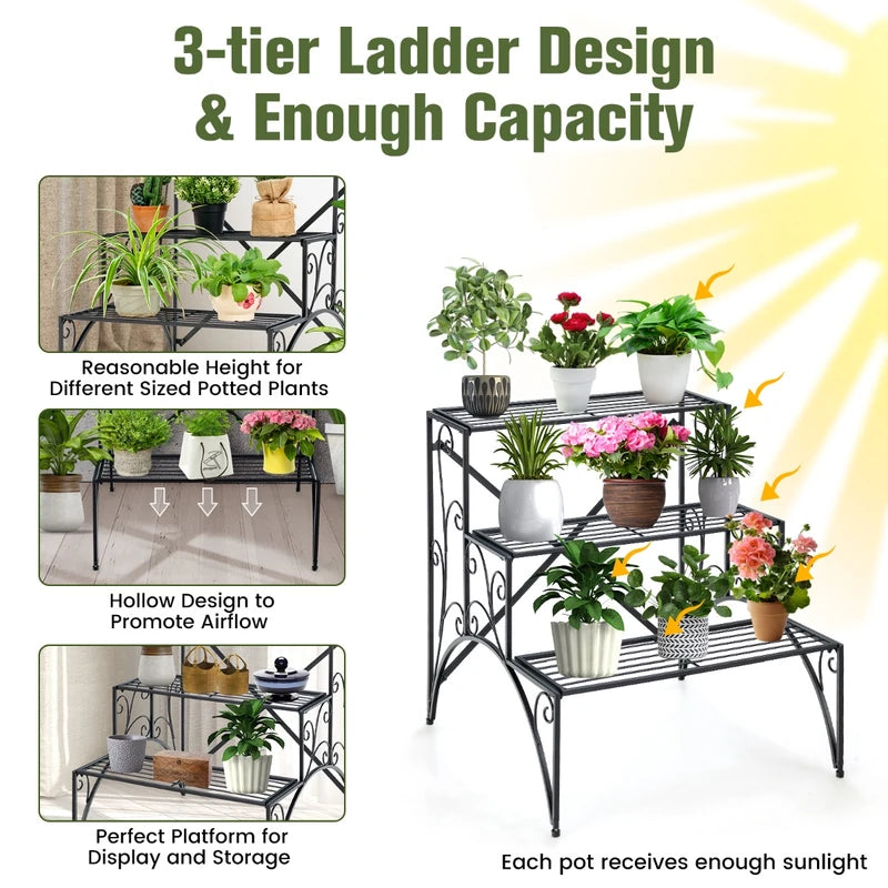 3 Tier Stair Style Metal Plant Stand Garden Shelf Flower Pot Display Rack-Black