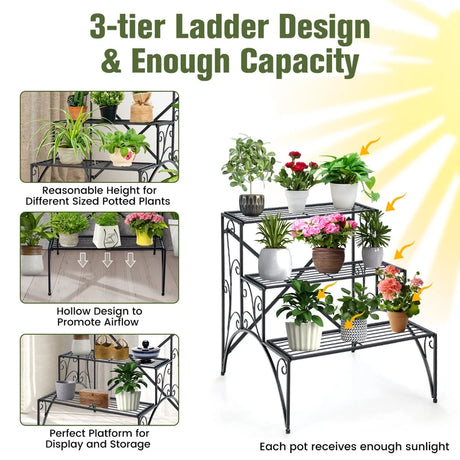 3 Tier Stair Style Metal Plant Stand Garden Shelf Flower Pot Display Rack-Black