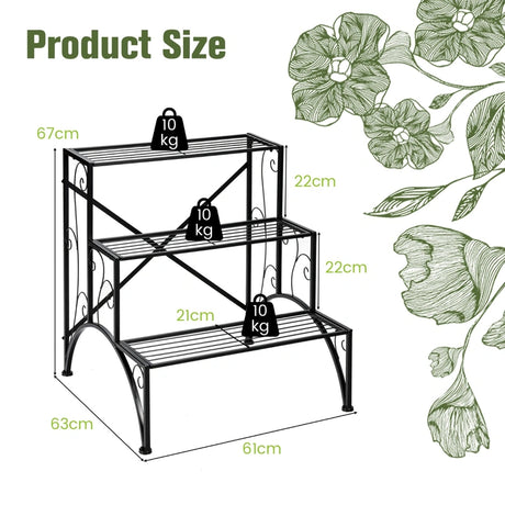 3 Tier Stair Style Metal Plant Stand Garden Shelf Flower Pot Display Rack-Black