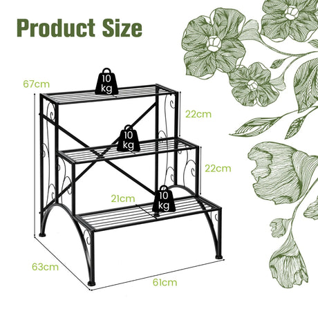 3 Tier Stair Style Metal Plant Stand Garden Shelf Flower Pot Display Rack-Black