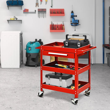 3-Tray Rolling Utility Cart with Drawer and Wheels for Garage and Warehouse-Red