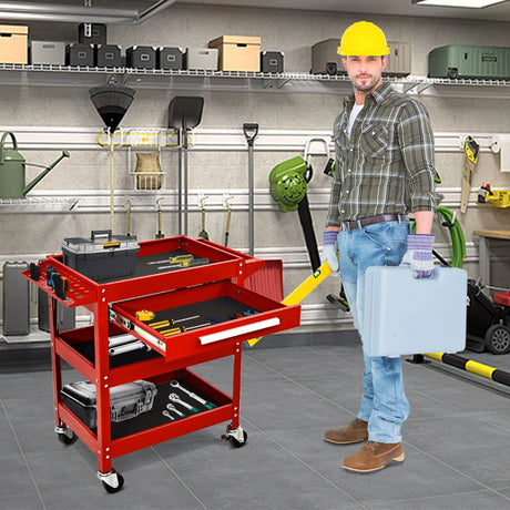 3-Tray Rolling Utility Cart with Drawer and Wheels for Garage and Warehouse-Red
